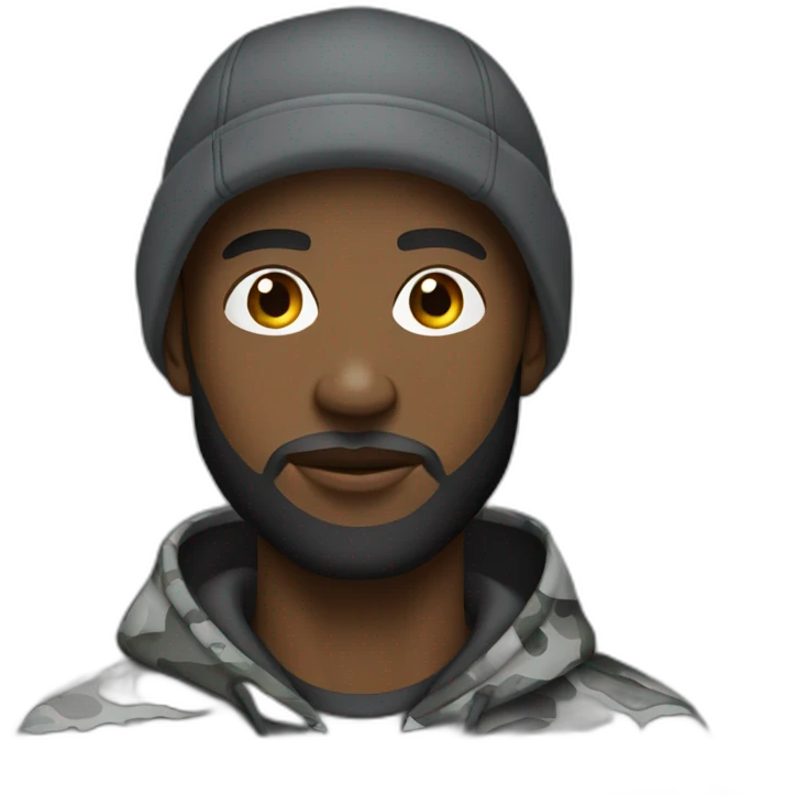 black man with a beard, gray camo hat, black pullover  hoodie emoji