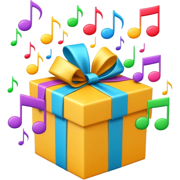 A wrapped gift box opening with colorful music notes flying out from the box emoji