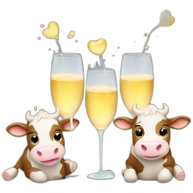 Three cute smiley cows drinking champagne emoji