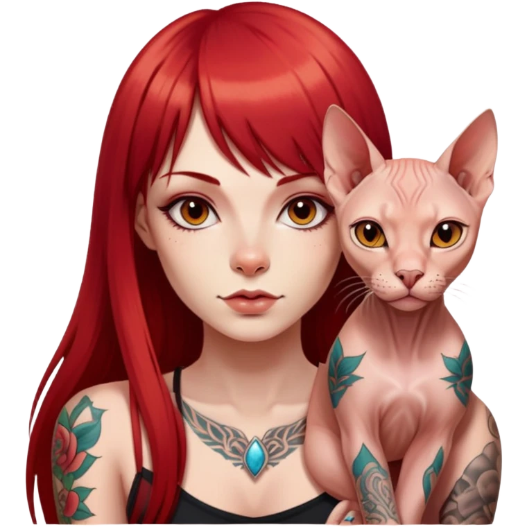 “A girl with long straight red hair and straight bangs, tattoos on her body, and a Sphynx emoji