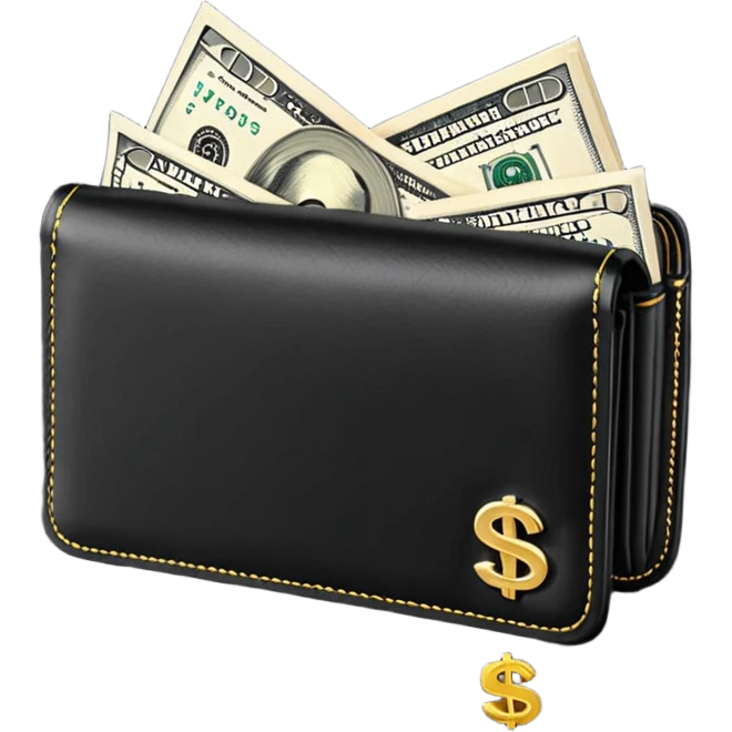 Rich emoji style black leather wallet with dollar bills, luxury money vibe, premium 3D emoji, ultra clean, high detail, no background
 emoji