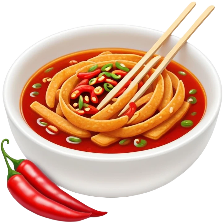 Spicy Gluten Strips in bowl with red chili oil, simplified emoji style with bold outlines and bright colors, cartoon style Chinese street food Mala Jisi emoji
