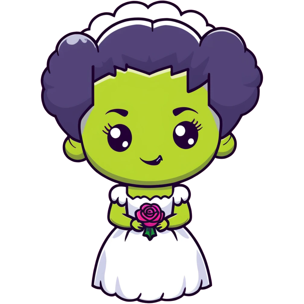 kawaii Bride of Frankenstein with rosy cheeks and adorable stitches emoji