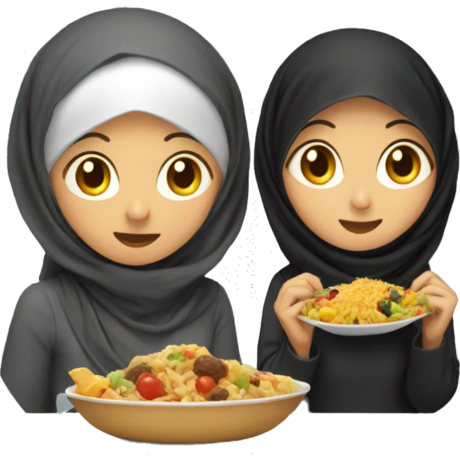 2 women, one with hijab, eating food emoji