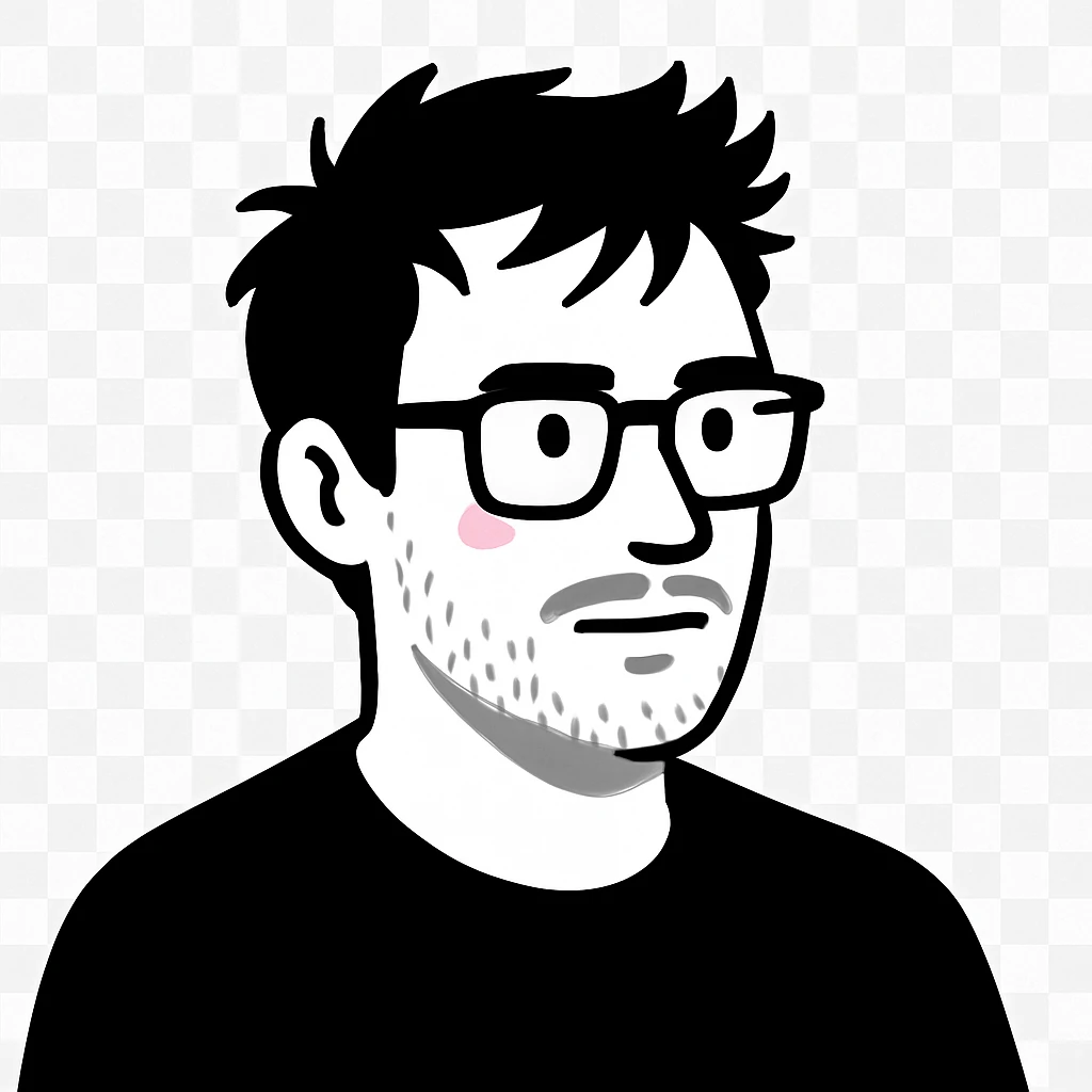 An intellectual man with rectangular glasses, messy windswept hair, and a subtle short beard, looking slightly to the side emoji