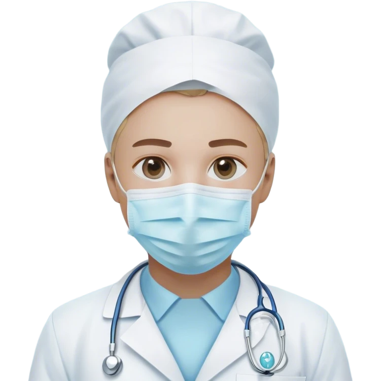 A minimalistic bust of a dentist wearing a white coat with a light blue shirt underneath. The figure has a simple white surgical mask covering the mouth and nose, with visible focused eyes. A small tooth icon is subtly placed on the coat instead of a red cross. The design is sleek and modern, with smooth lines and soft shading. The background features a minimal, abstract dental symbol such as a tooth outline or a small dental tool (mirror or scaler). No extra details, keeping a clean, professional, and minimalistic emoji style emoji