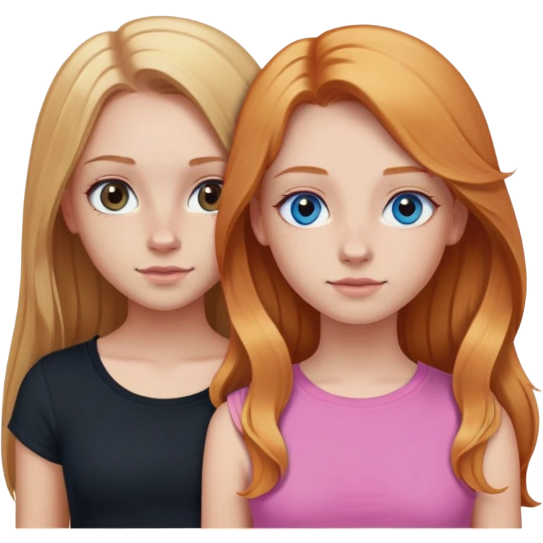 Two girls together. Girl 1: blonde long straight hair, hazel eyes, pink crop top.  girl 2:  long wavy ginger hair, blue eyes, nose ring, black shirt emoji