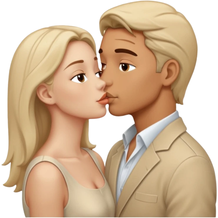 A man in pale beige clothes and a woman in pale beige clothes are kissing emoji