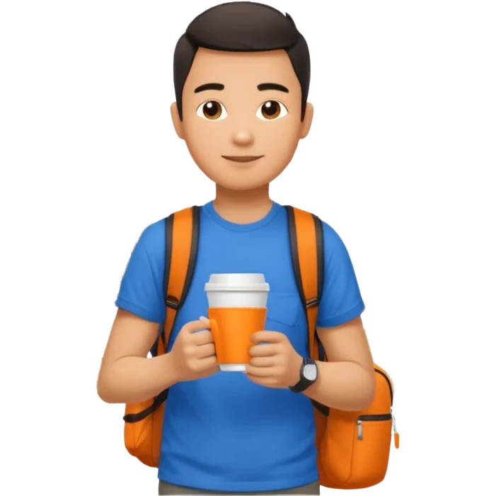 an asian man in blue t-shirt with orange cup of coffee and backpack on the back. Eiffel tower on the background emoji