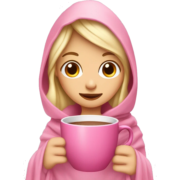 blonde girl with a pink blanket over her head with a cup of hot chocolate in a pink mug emoji