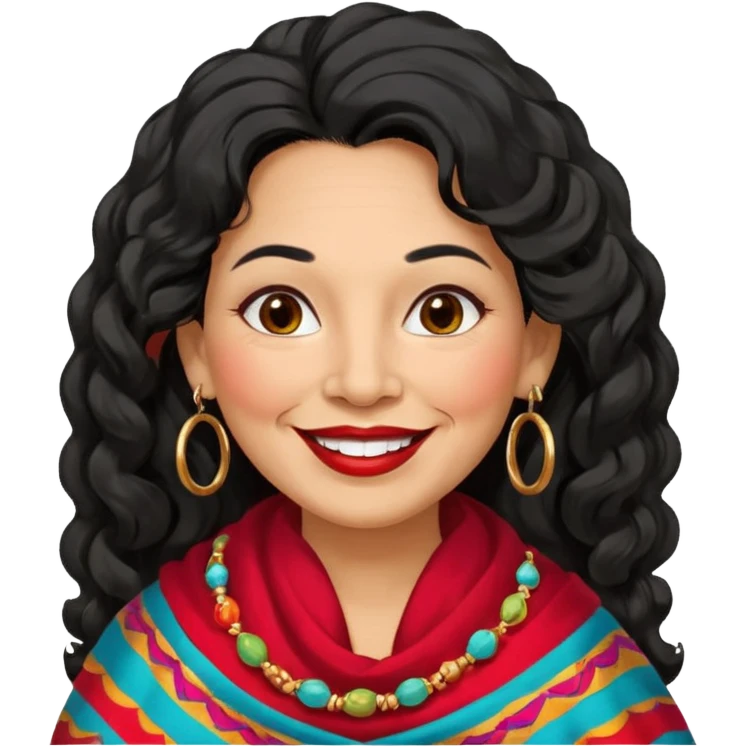 60 yr old peruvian woman, slightly chubby, wavy/curly long black hair, red lipstick, big smile, white teeth, brown eyes, hoop earings, side part to hair, round face emoji