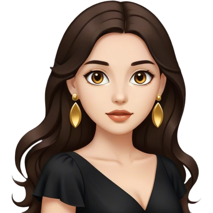 Beautiful woman,cute, long dark brown hair in dark dress with gold earrings emoji