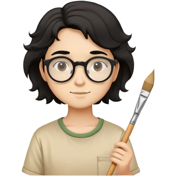 Reliable young painter with round glasses, wavy black hair, beige art shirt, with square paintbrush emoji