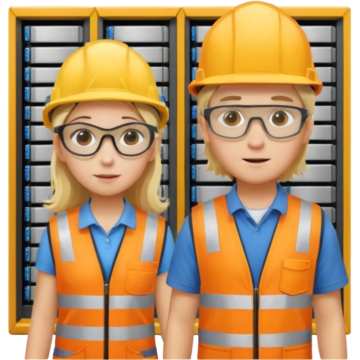 Create a emoji of boy and girl(blond hair) pushing Data center rack servers. They wearing helmet, ear protection, safety glass, orange vest. Yellow drill and wrench on the ground and pockets. Coppers emoji