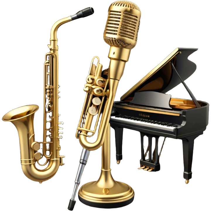 Create an elegant and vintage-inspired emoji representing jazz vocal performance. In the foreground, feature a classic, antique jazz microphone on a stand. Behind it, place a grand piano, with the lid slightly open, and have a Selmer Model 19 Balanced Action trumpet resting on top of the piano. The trumpet should have visible details like its shiny brass finish and the unique design of the valves. Add musical notes flowing around the scene to capture the improvisational essence of jazz. Use rich, deep colors like black, gold, and dark wood tones to evoke the timeless, sophisticated atmosphere of jazz. The background should be transparent. emoji