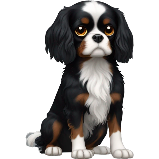 Small completely black Cavalier King Charles spaniel with black fur on his whole face and white fur on chest emoji