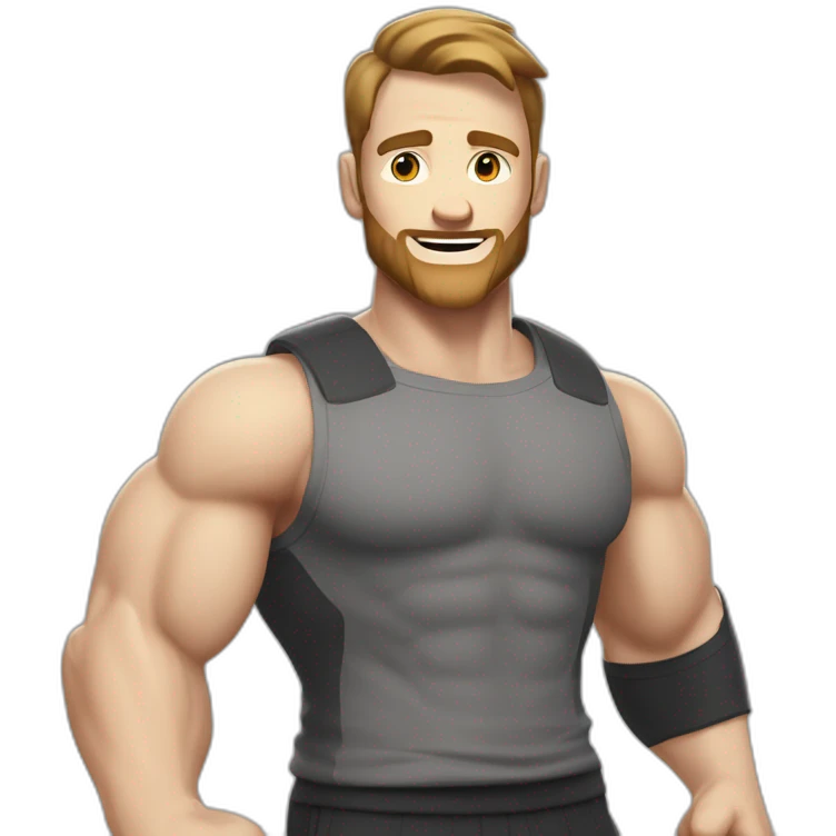 Close up Actively gesturing  with hands Pale skinned Fit Man With the biceps and brown hair in dark gray Sleeveless Mike, black oversize sports shorts, watch and white Sneakers emoji
