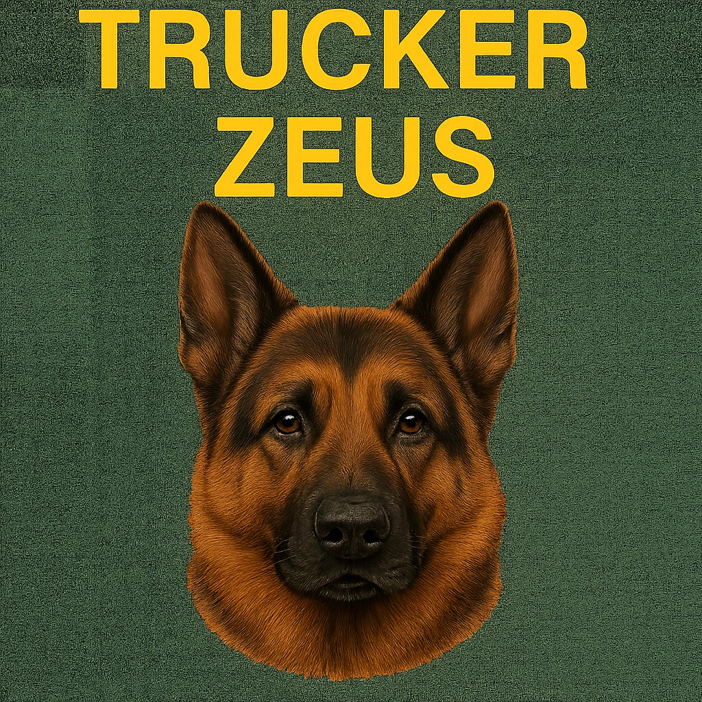 Change the words 'Trucker Zeus' to yellow, keep the realistic German Shepherd, and maintain a transparent background. The style is realistic with a focus on the German Shepherd and clear text in yellow. emoji