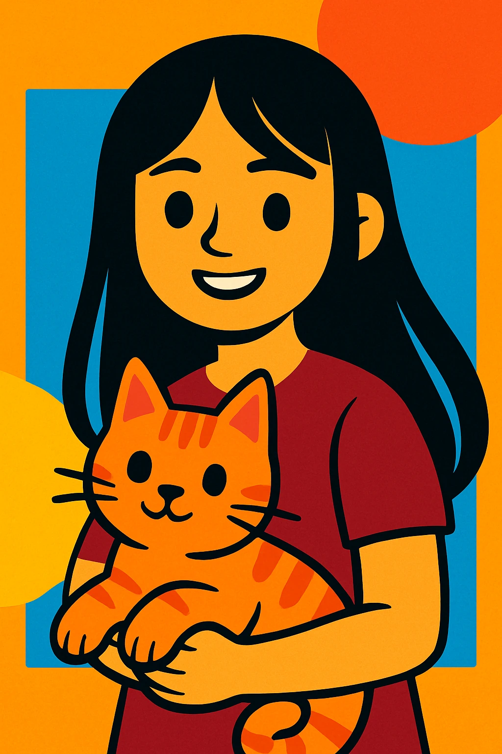 girl with straight long black hair, maroon shirt, carrying a cat, vibrant toon style emoji