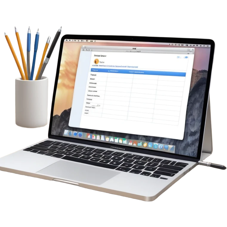 online booking system on MacBook screen next to an old-style paper notebook with a pen, both fully visible, no background, no cut-off edges emoji
