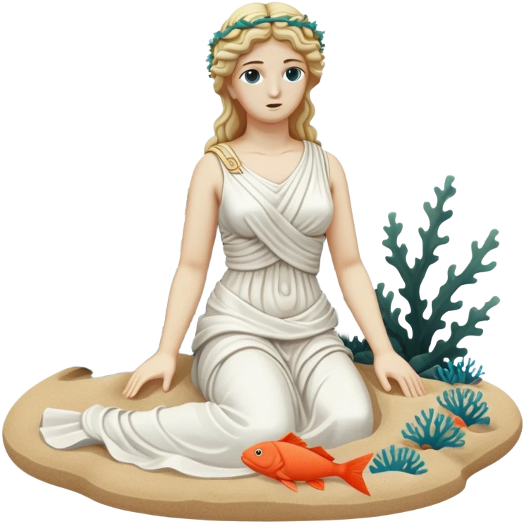 sunken on sand, white female greek statue, broken, include water and coral in the sea, sea weed, fish emoji