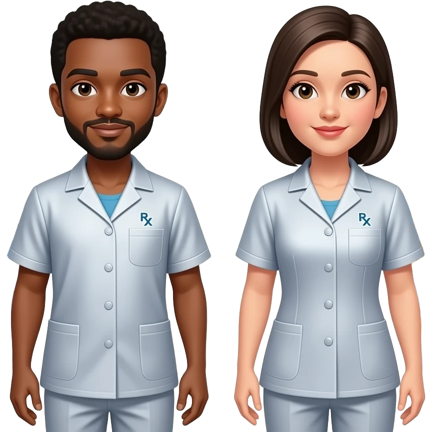 a man and a woman with platinum colors with an Rx sign behind them in a pharmacy setting. they are both pharmacy technicians. emoji