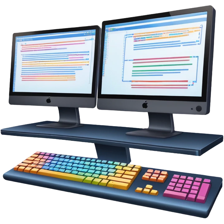 An icon featuring two large monitors filled with colorful code lines, symbolizing programming. The design includes a keyboard, terminal windows, and flowcharts in the background, representing software development, logic, and debugging. Transparent background emoji