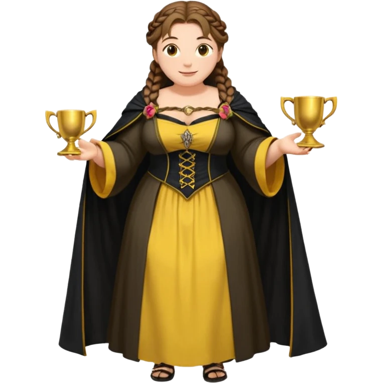 Helga Hufflepuff,brown-haired,2 braids,yellow-black medieval open dress,deep neckline,fat macromastia,black cloak decorated with gold braiding,gold cup with two handles,very kind smile,curvy busty sweet woman,round rosy cheeks,full length with medieval shoes emoji