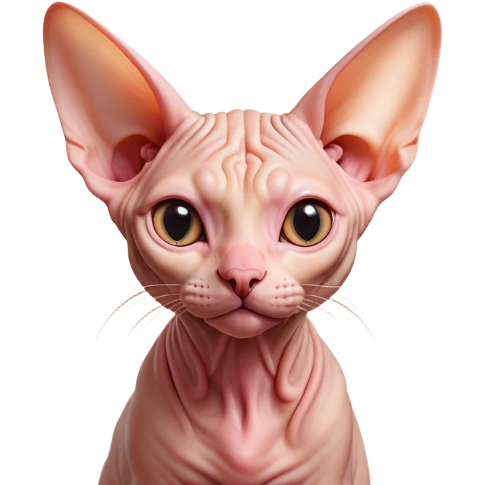 Cinematic Cute Sphynx Cat Portrait Emoji, Head tilted playfully and inquisitively, soft, wrinkled skin in warm peach and pink hues, oversized ears and wide, expressive eyes filled with curiosity, Simplified yet irresistibly adorable features, highly detailed, glowing with a warm, friendly glow, high shine, affectionate and lively, stylized with a touch of whimsy, bright and endearing, soft glowing outline, capturing the essence of a mischievous yet loving kitten, so playful it feels like it could pounce out of the screen and into your arms! emoji