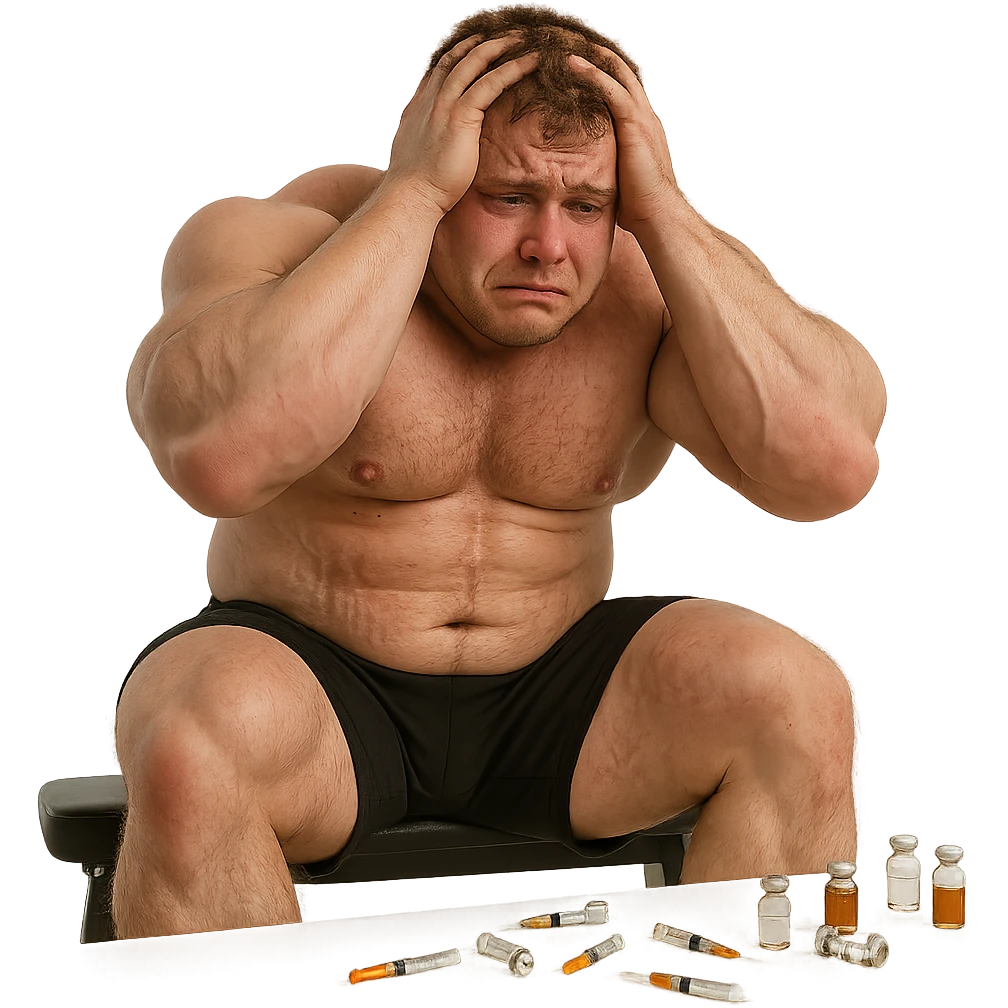 realistic beginner bodybuilder with swollen muscles and stretch marks, puffy face, teary eyes, sitting on bench with hands in hair, scattered vials and syringes, atmosphere of regret, isolated on white background, 4K quality emoji