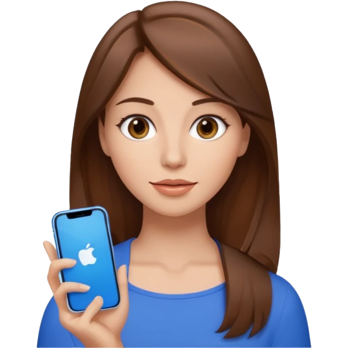 1 woman, hair brown, eyes brown and mouth beautiful in the hand 1 iphone of colour blue emoji