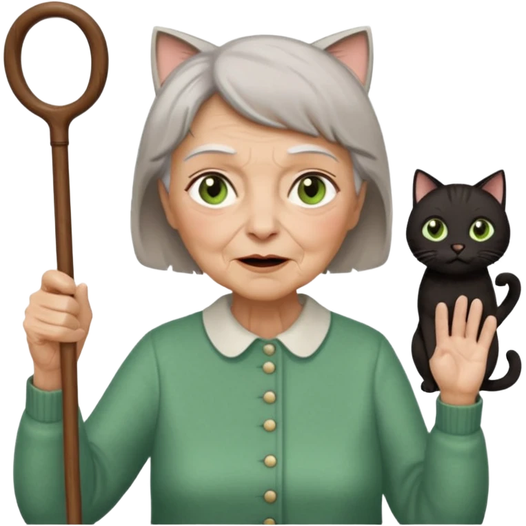 A grouchy old lady with a wooden cane in her hand waving it in the air shouting out "Stay Off My Lawn!" Hair Is short brown with some grey in it eyes are brown also  a pure black cat with big green eyes sitting on her left shoulder. The cat has her left paw up emoji