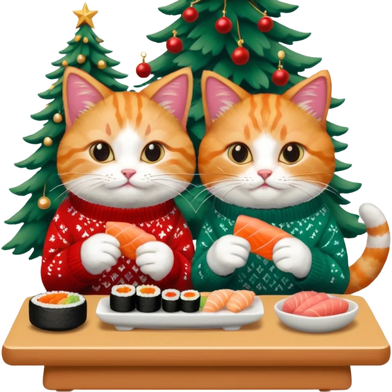 2 cats in christmas sweaters eating sushi emoji