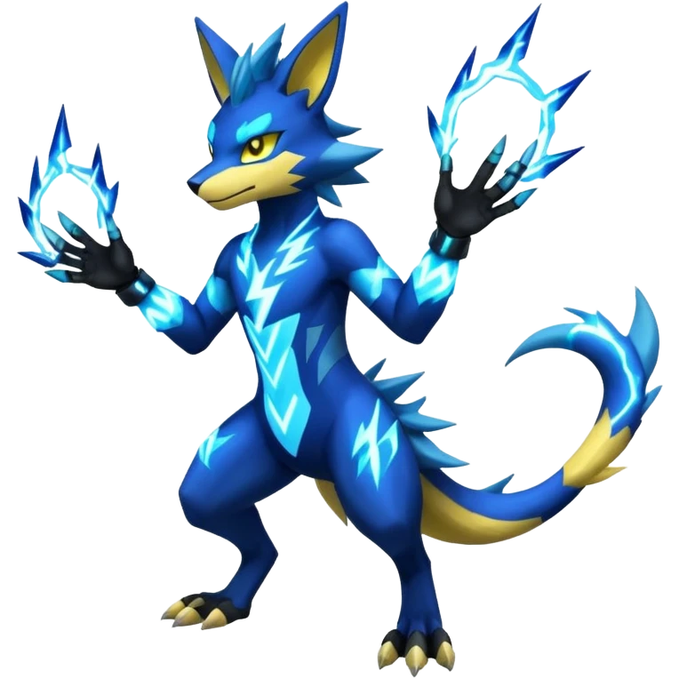 Cobalt-Blue Neon-Electric Bright-Glowing Lightning-Veined Zeraora-Luxray-Lucario-cyber-fusion-creature (full body) emoji