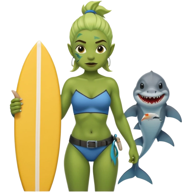 orc female holds a little surfboard with a shark painted vertically in his hands emoji