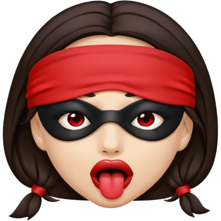 woman with dark brown hair wearing black blind fold completely covering her eyes. tongue out emoji
