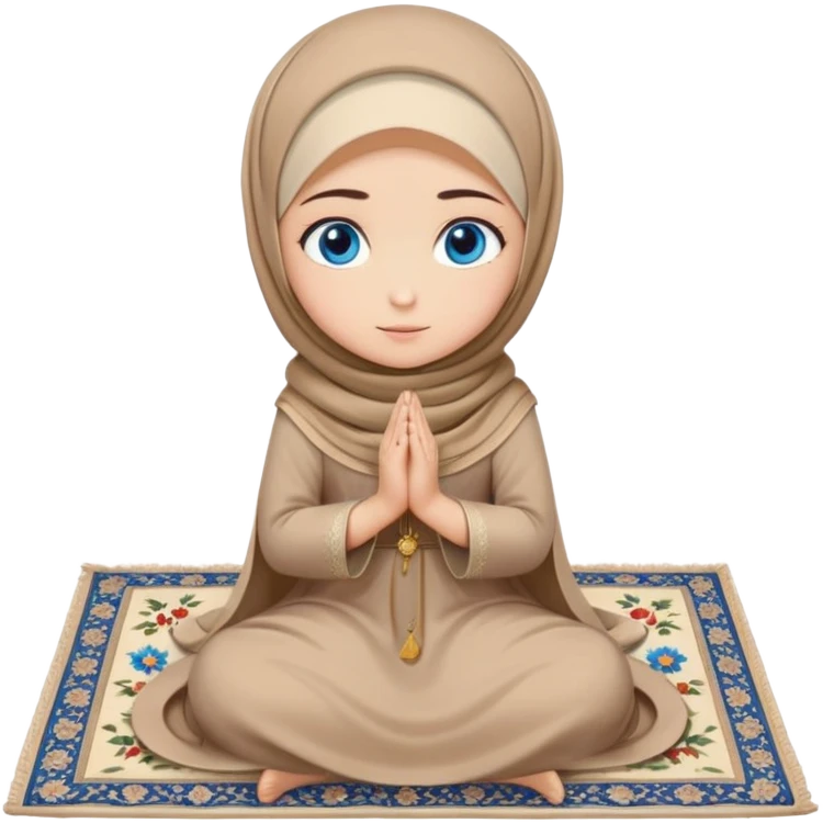 Turkish beautiful finish Konya girl blue eyes with beige flower hijab long tail dress and sits on the pray mat namaz on the ground with dua  emoji
