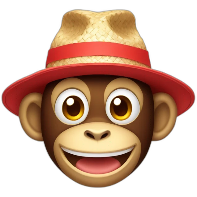 monkey with red t shirt and straw hat and big smile emoji