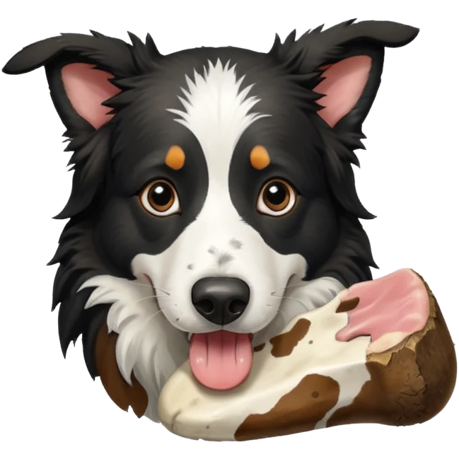 A black and white border collie is chewing on a cow's hoof. emoji