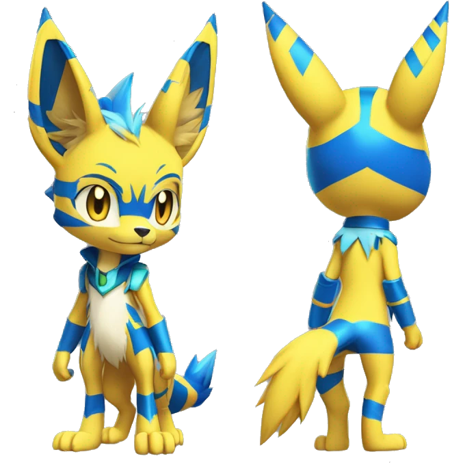 Yellow Anthro Edgy Cool Sonic-Zeraora-Anubis-Renamon-Jolteon-Pokémon-Fakémon with shiny blue stripes Full Body Detailed High Quality  emoji