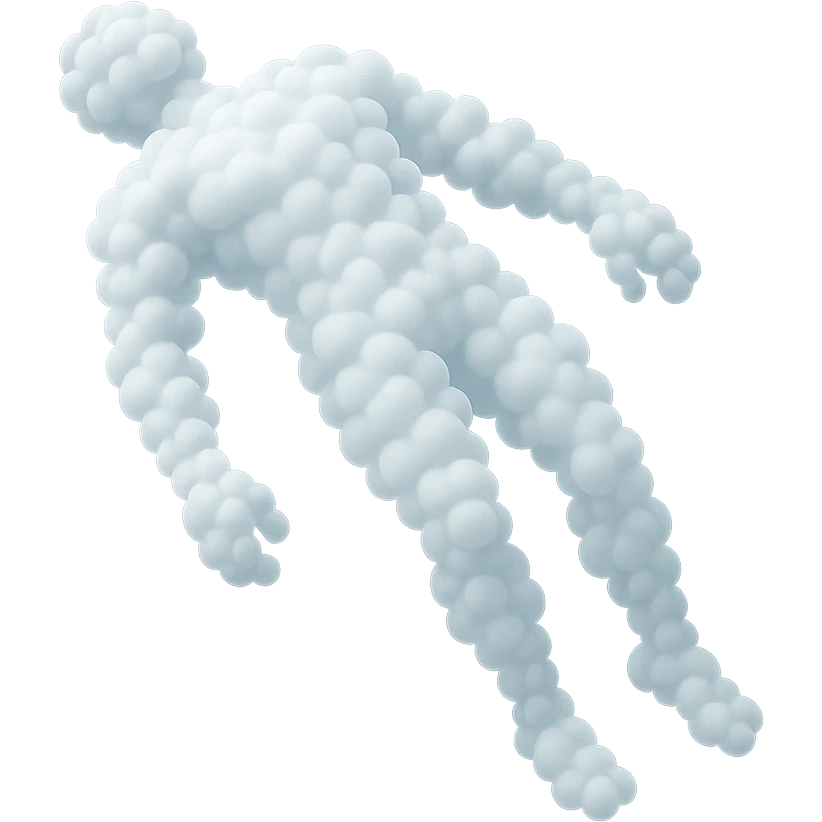 an unconscious person flying upwards by the torso, legs and arms downwards, made of small very bright white fluffy convex clouds, matte glass style emoji