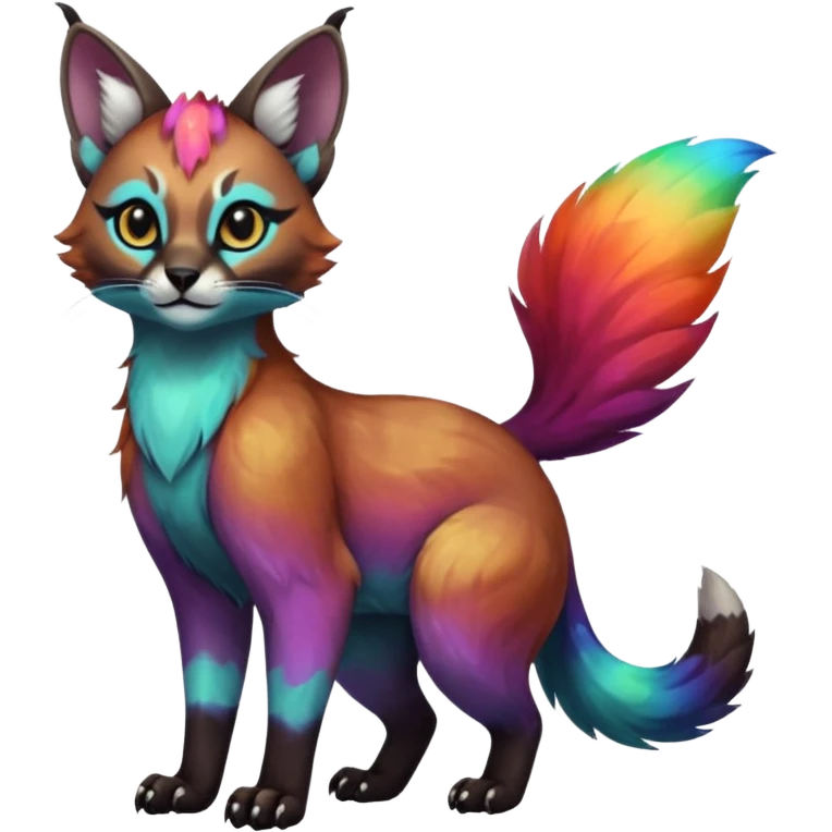 Colorful dark tropical iridescent nebulae exotic cute cool beautiful shiny beautiful fantasy-caracal-civet-genet-sergal-vernid-Gryphon-Cacomistle-Trico-oncilla-animal-Fakémon-hybrid-fursona (full body) emoji