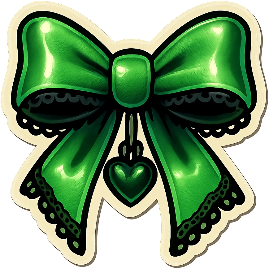 green gothic bow with black lace trim and heart charm, remove background emoji