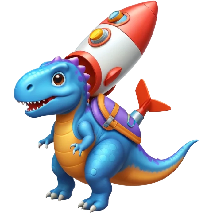 cute toy-like rocket-propelled dinosaur, rounded shapes, glossy texture, colorful rocket backpack, happy expression, 3D cartoon, mobile game icon style, clean background, no text, no watermark
 emoji