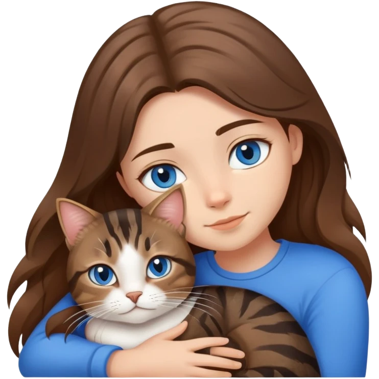 black and brown tabby cat cuddles white human girl with medium long brown hair and blue eyes emoji