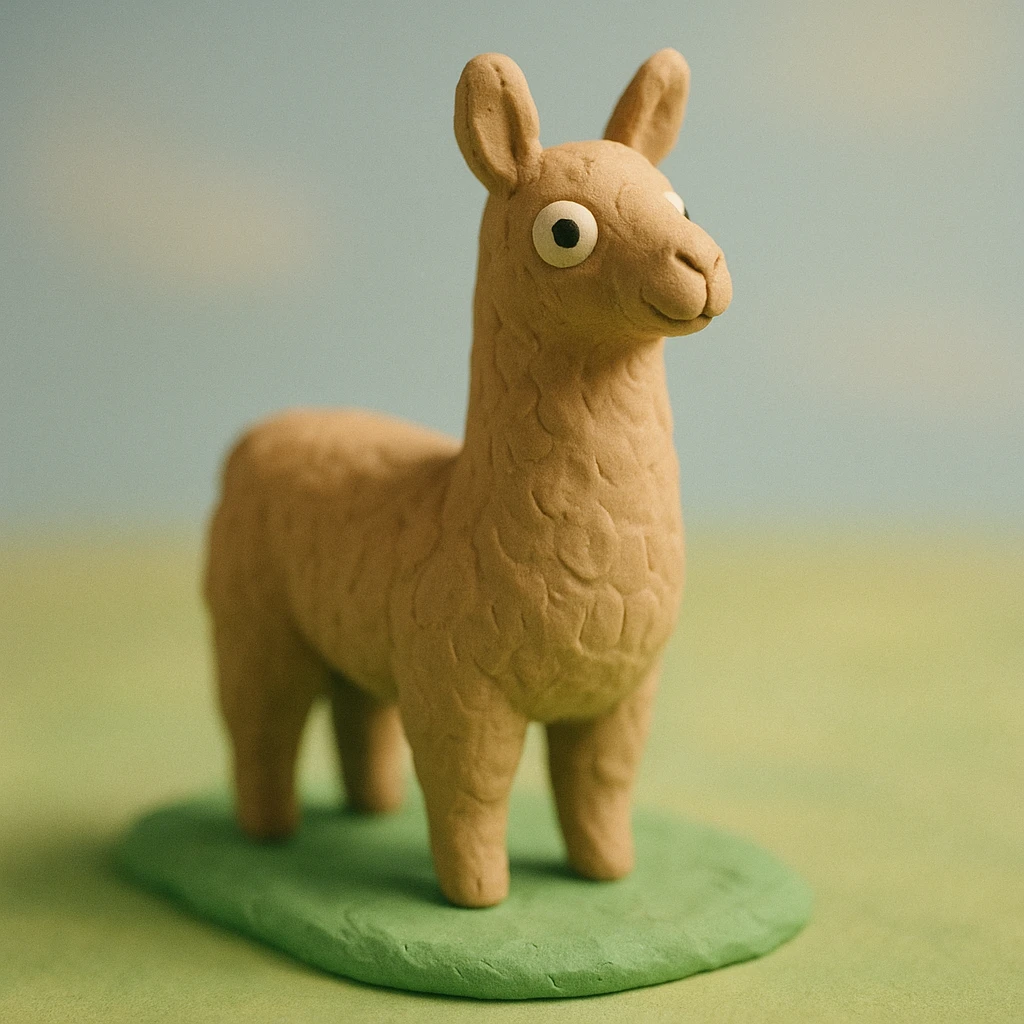 llama in claymation style standing on green grass with visible fingerprints and pastel palette emoji