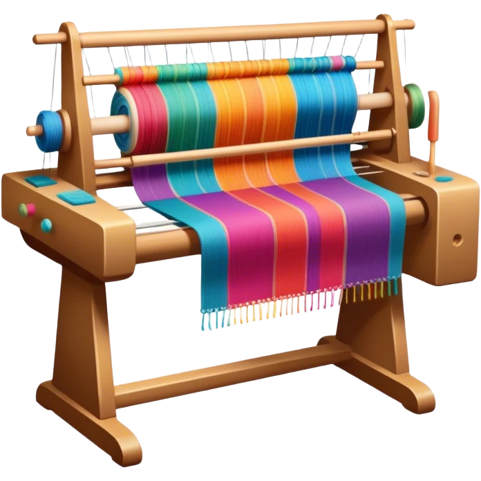 Weaving icon, loom with colorful fabric being woven, visible shuttle, spools of yarn, fabric swatches, sewing patterns, and finished clothing items, minimalistic style, clean lines, transparent background. emoji