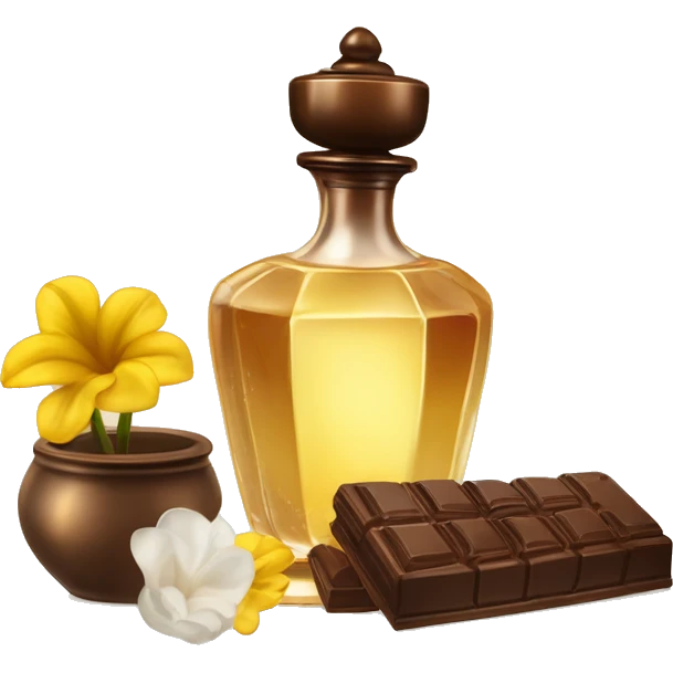 An antique perfume bottle with oil made of bronze and brown crystals, coconut cream and coffee milk flow, chocolate, yellow flowers of fragrant vanilla lie next to it emoji