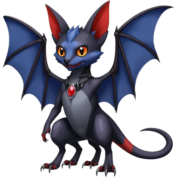 midnight blue-gray-black, with red markings, white belly, scaley vampiric batty bat-Bastet-Noivern-Noibat-Lykoi-Gatomon-Digimon-Fakémon-Pokémon-creature (full body) emoji