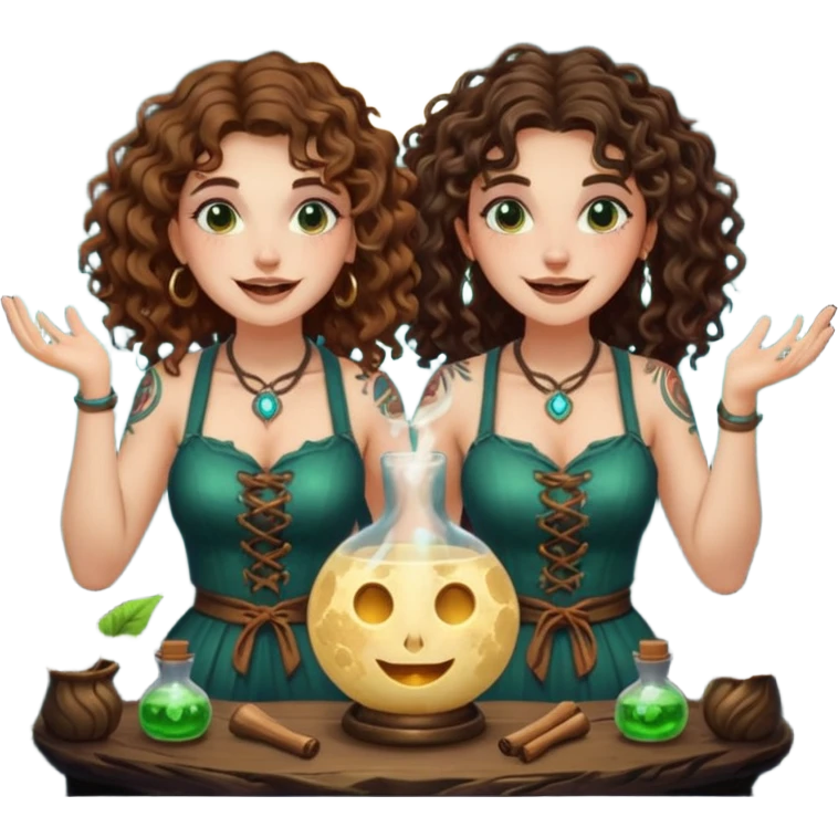 forest alchemist duo two women curly long hair tattooed and short brown hair mixing glowing moon potion together excited faces emoji